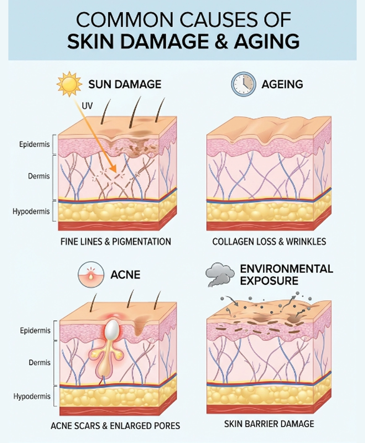 Common causes of acne scars, uneven skin texture, and collagen loss treated with SkinPen microneedling