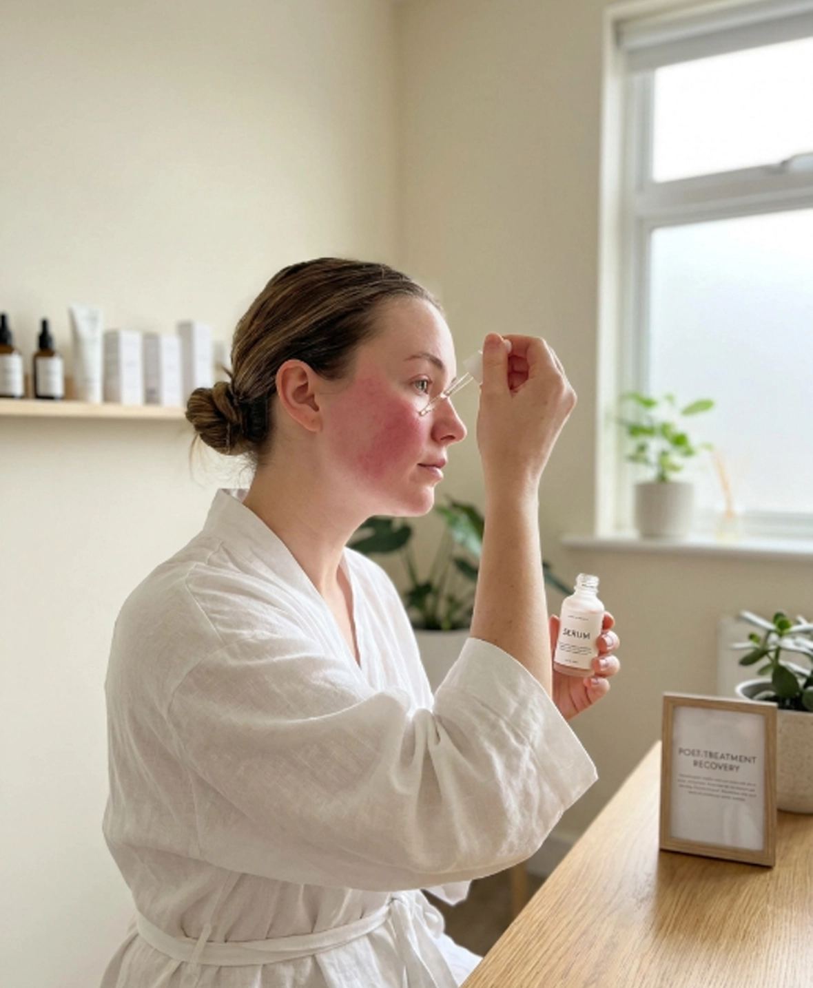 Patient caring for skin after SkinPen microneedling treatment with mild temporary redness visible
