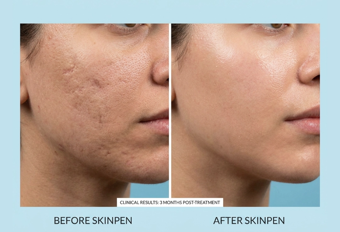 Before and after SkinPen treatment showing smoother skin and reduced acne scars