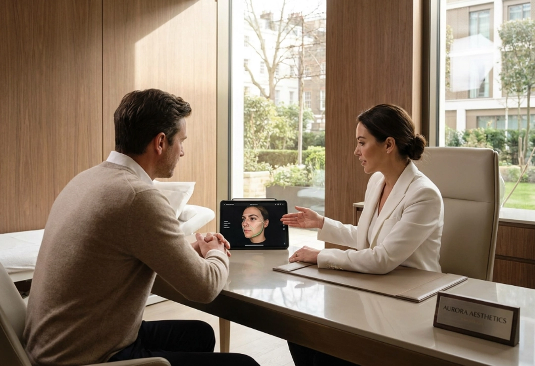 Patient consulting with a surgeon about surgical face lift (skin only) procedure in a luxury cosmetic clinic