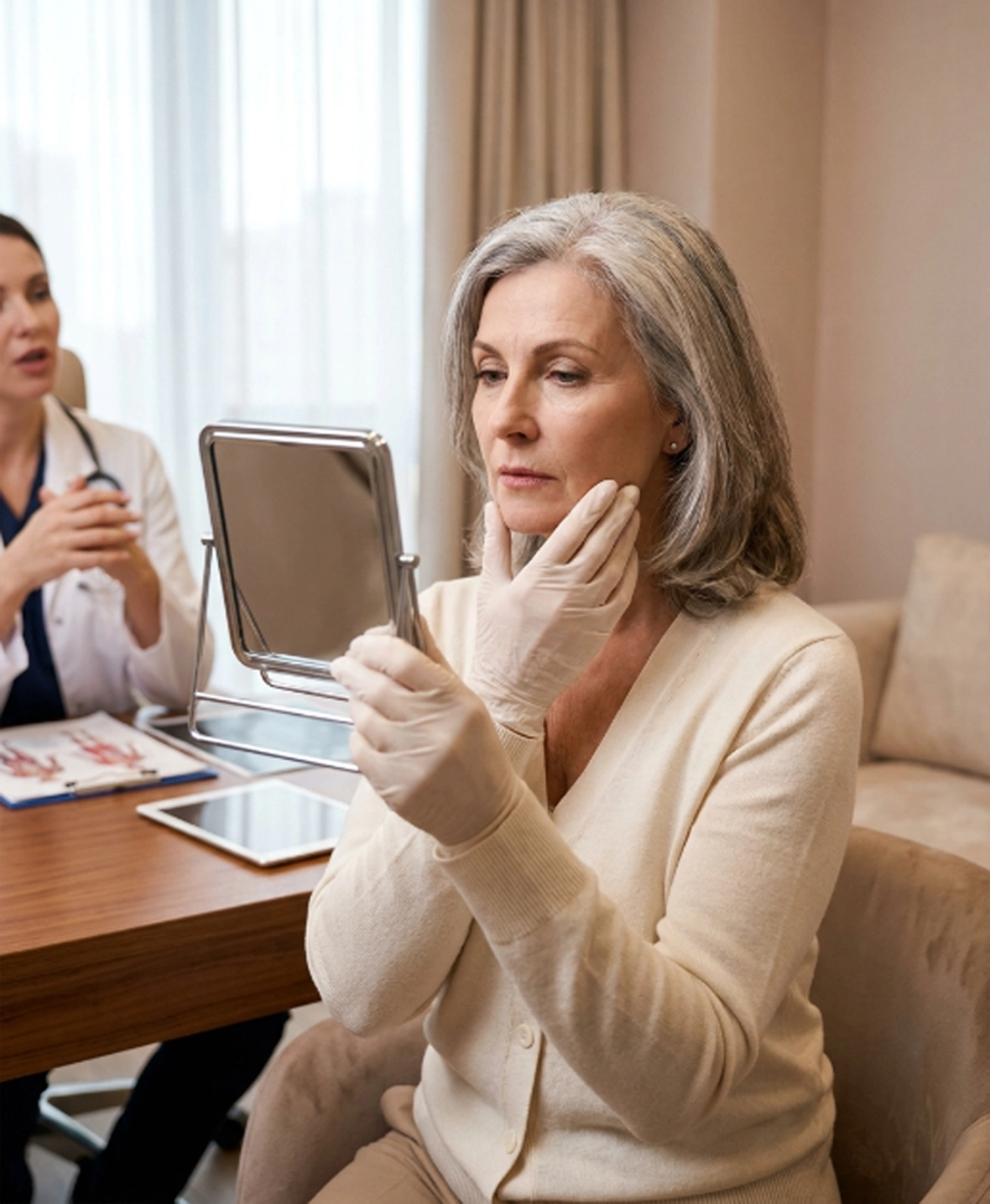 Patient examining sagging facial skin and jawline concerns before facelift surgery