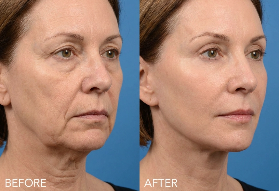 Before and after surgical face lift showing smoother skin and improved facial contours