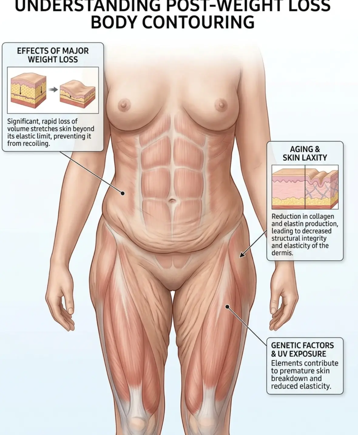 Common causes of loose lower body skin including major weight loss and ageing