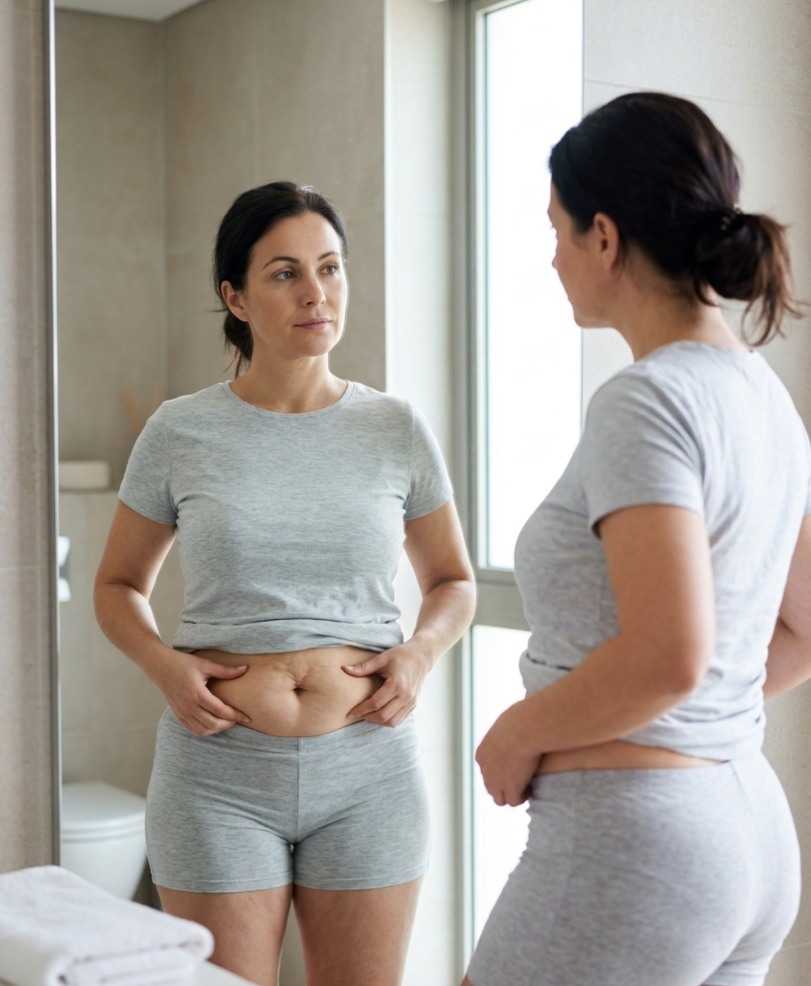 Patient examining excess loose skin before total lower body lift surgery