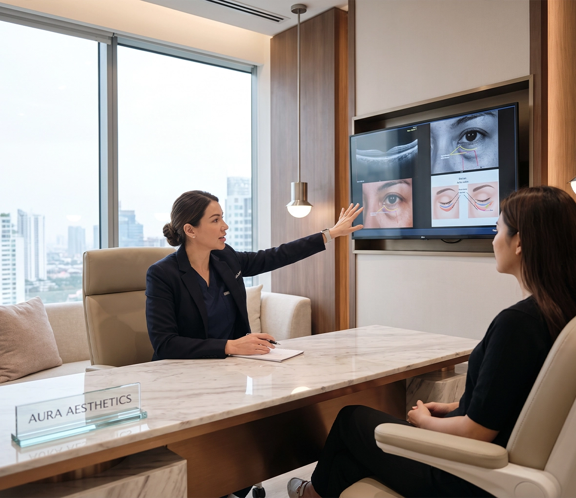 Patient consulting with a surgeon about lower blepharoplasty in a luxury aesthetic clinic