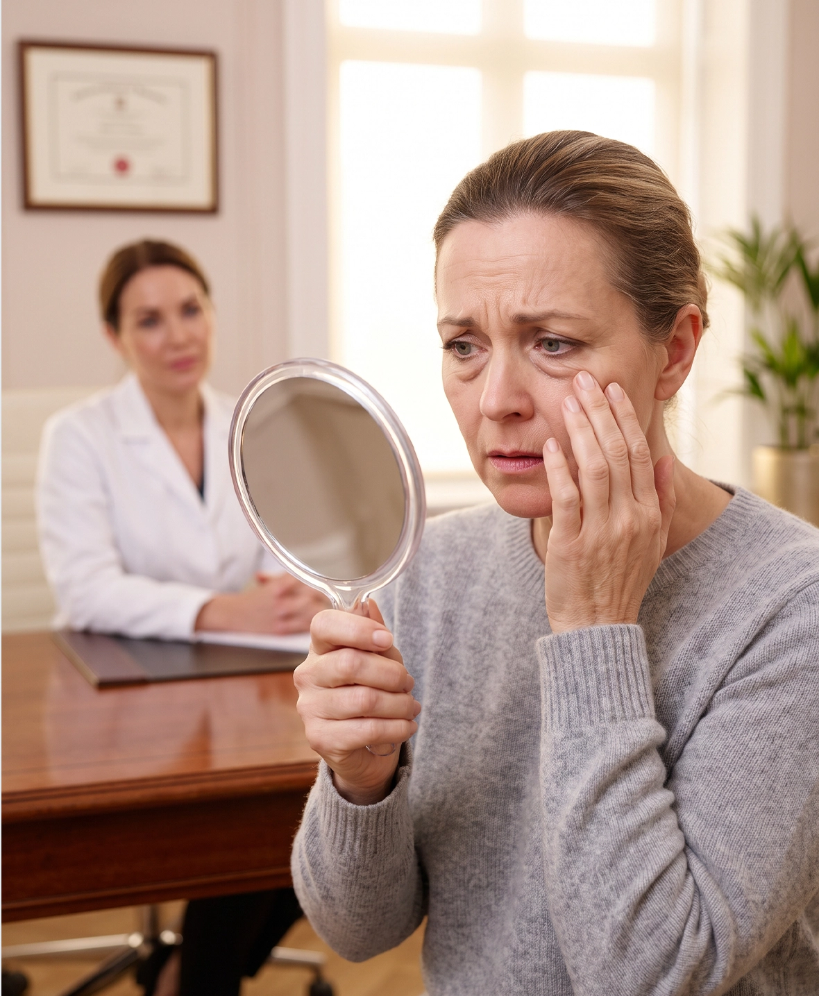 Patient examining under-eye bags before lower blepharoplasty surgery