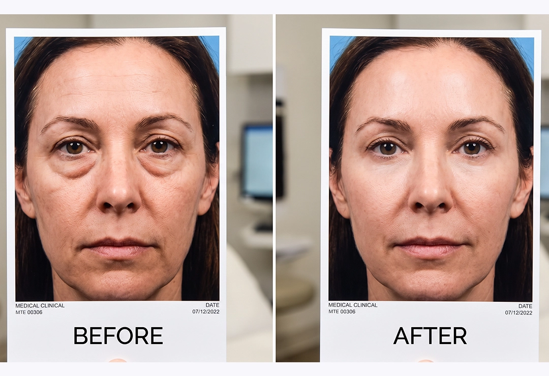 Before and after lower blepharoplasty showing smoother under-eye contour