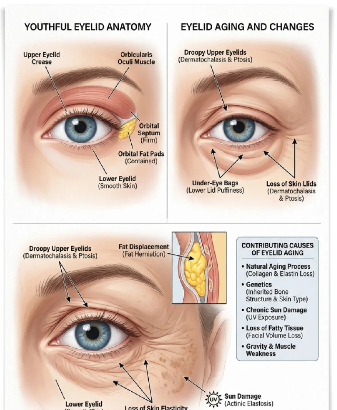 Common causes of droopy upper eyelids and under-eye bags treated with blepharoplasty