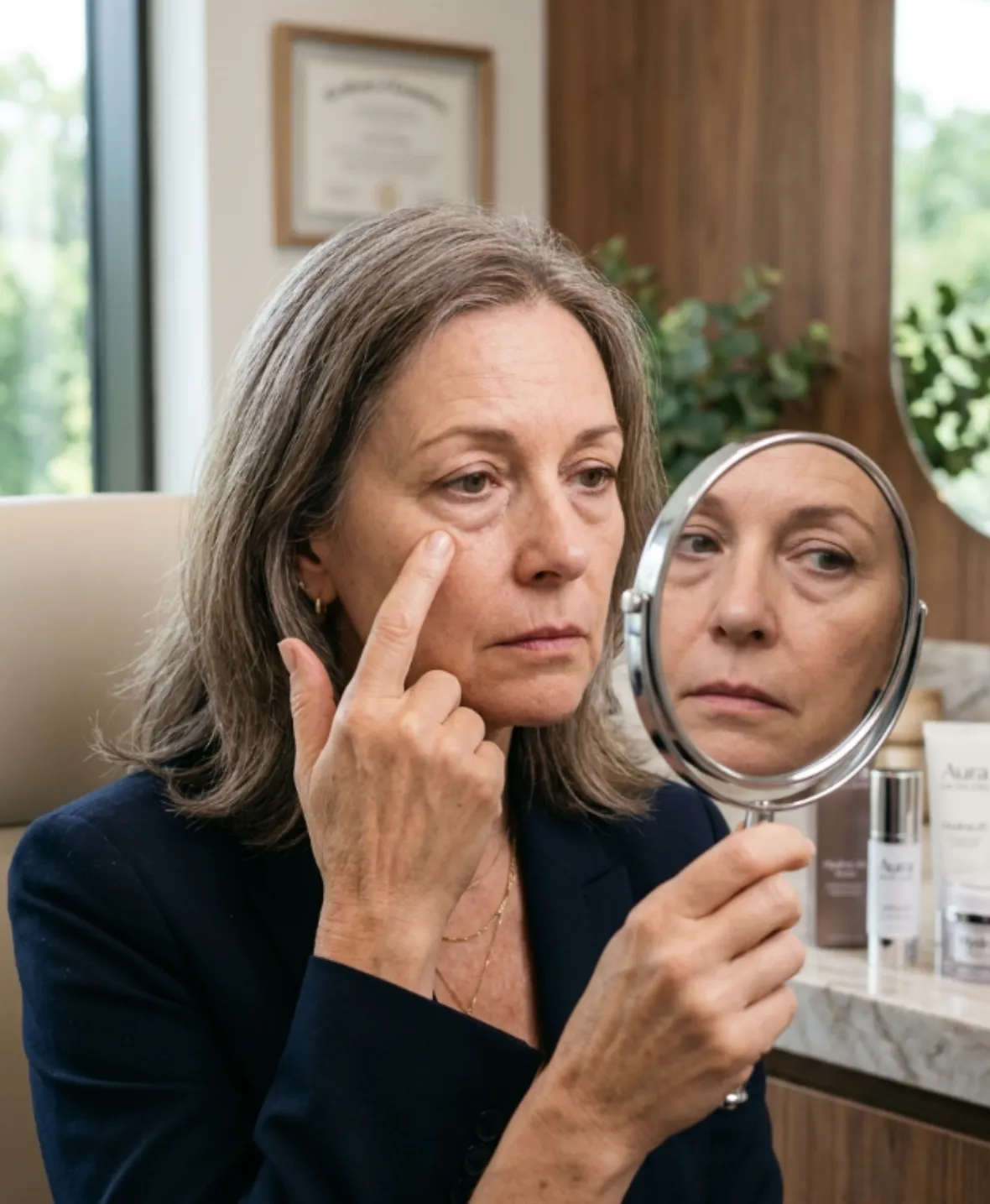 Patient examining eyelid concerns before upper and lower blepharoplasty surgery