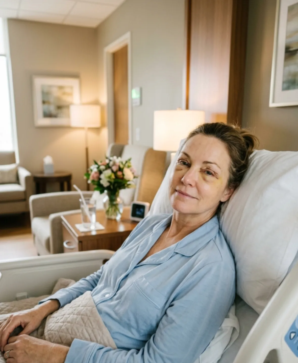 Patient recovering after upper and lower blepharoplasty with mild swelling visible