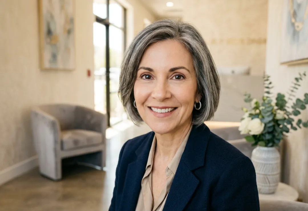 Confident patient after upper and lower blepharoplasty with rejuvenated and youthful-looking eyes