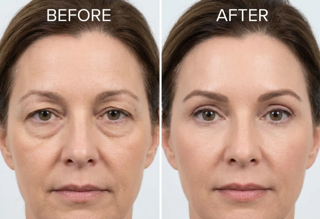Before and after upper and lower blepharoplasty showing lifted eyelids and smoother under-eye area