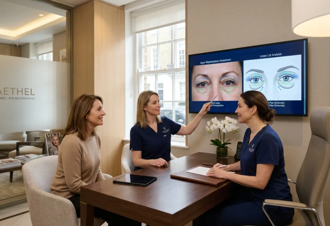Patient consulting with a surgeon about upper and lower blepharoplasty in a luxury aesthetic clinic