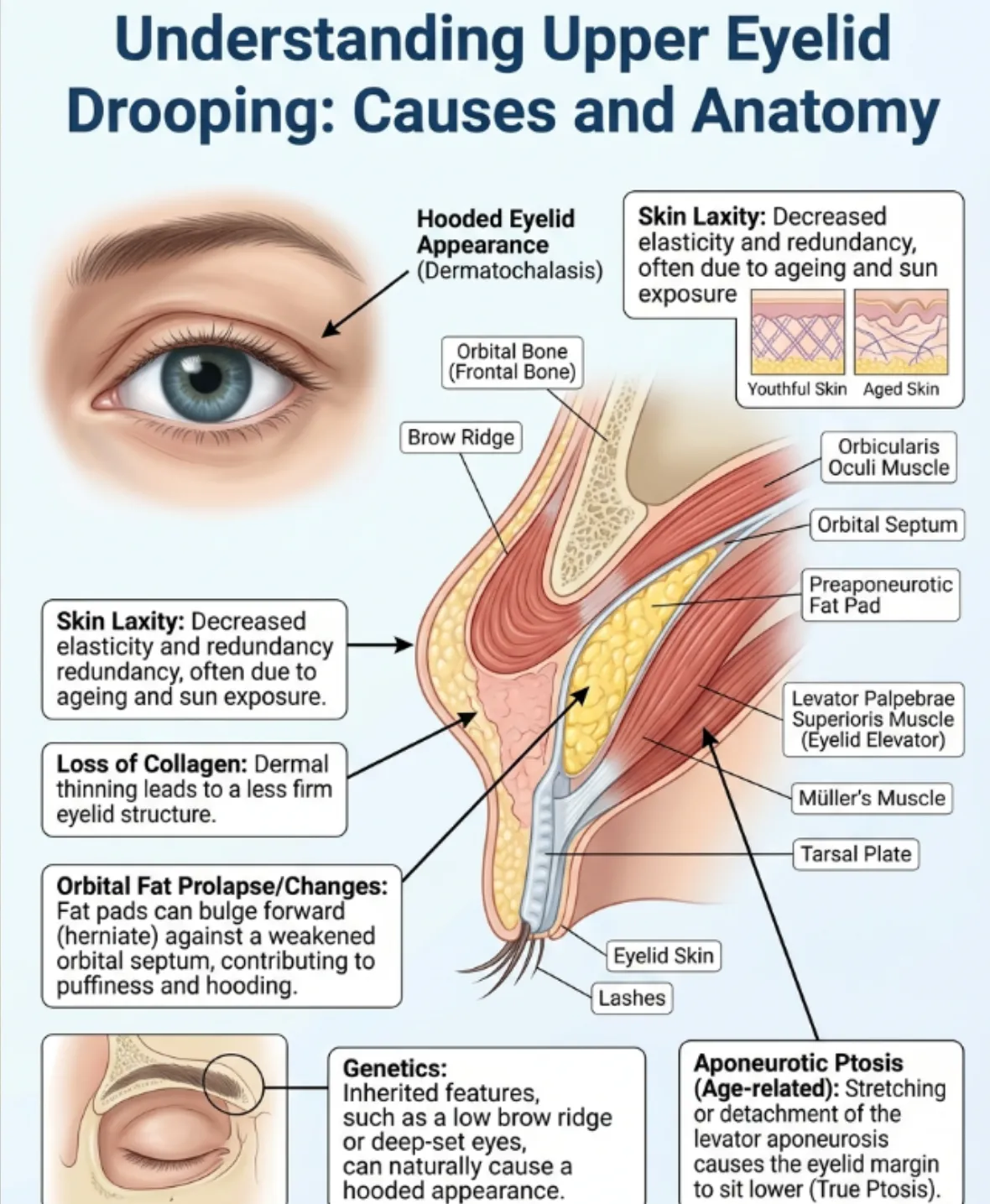 Patient examining droopy upper eyelids before blepharoplasty surgery