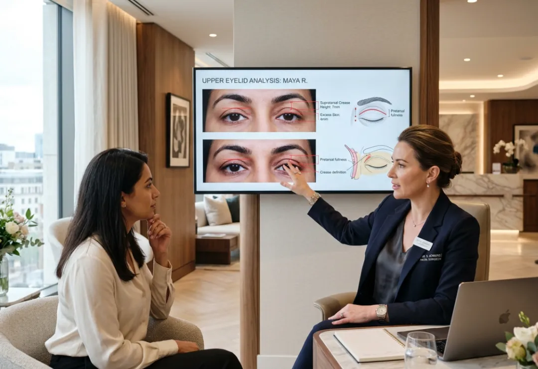 Patient consulting with a surgeon about upper blepharoplasty in a luxury aesthetic clinic