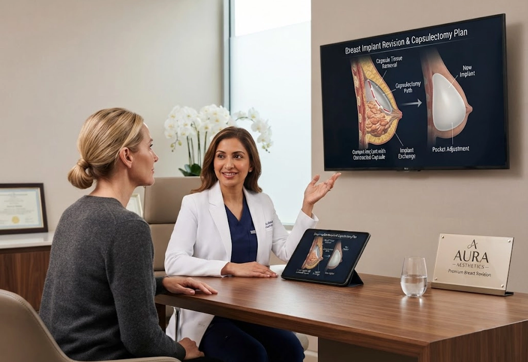 Patient consulting with a surgeon about breast implant replacement with capsulectomy in a luxury clinic