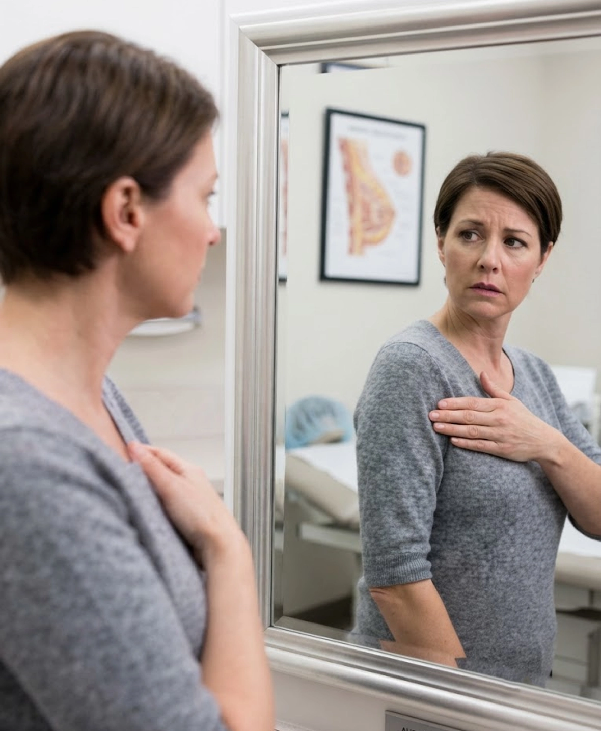 Patient examining breast firmness or asymmetry before implant replacement and capsulectomy