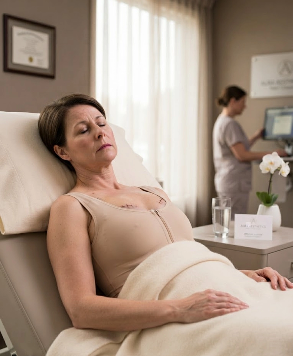 Patient recovering overnight after breast implant replacement and capsulectomy with compression garment