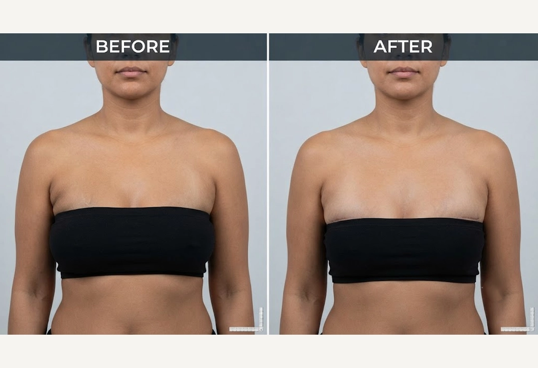 Before and after breast implant replacement and capsulectomy showing improved symmetry and contour