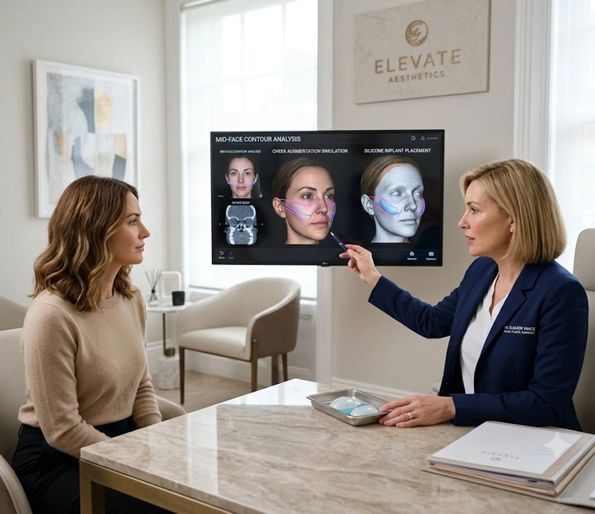 Patient consulting with a surgeon about cheek augmentation using silicone implants in a luxury aesthetic clinic