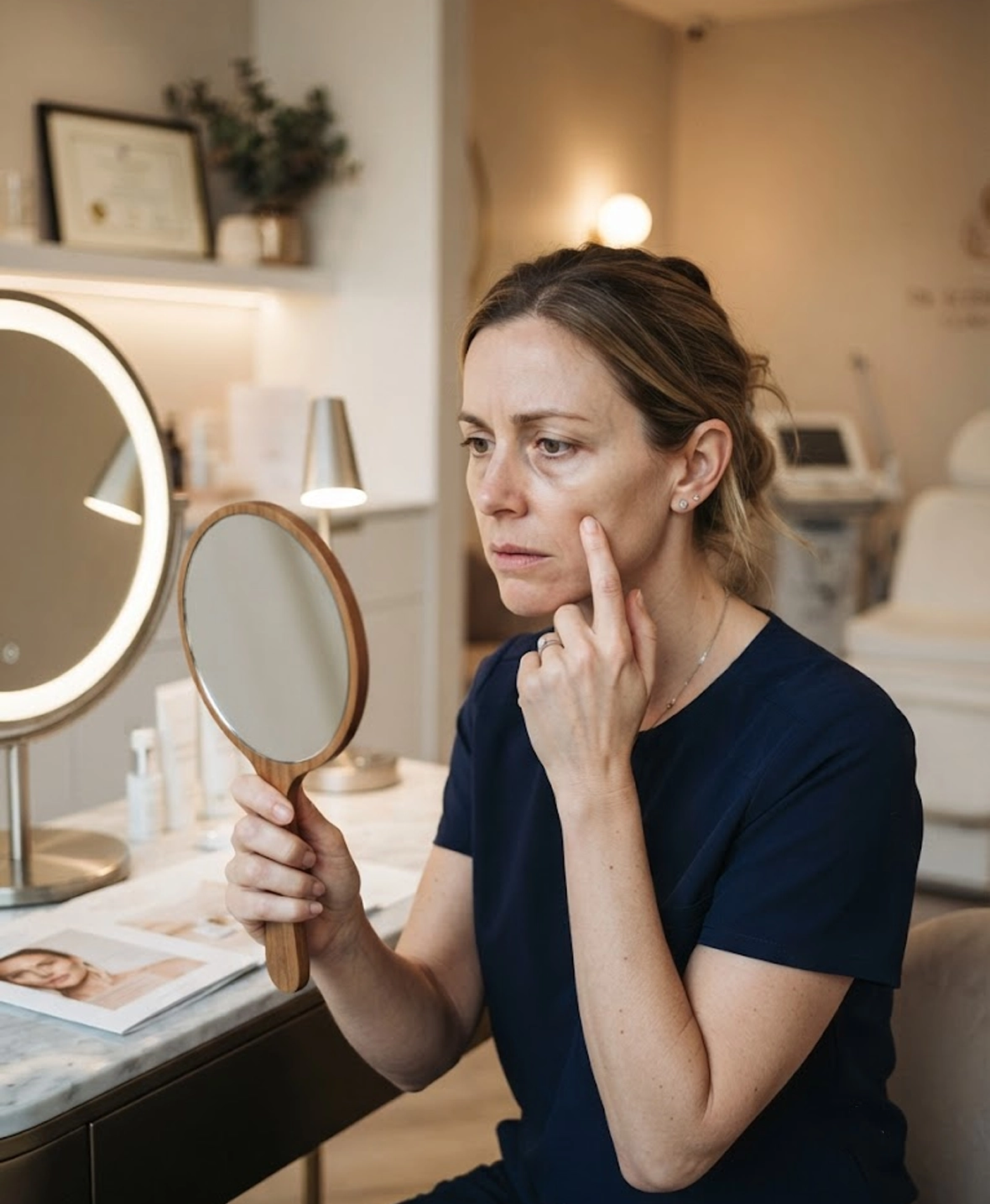 Patient examining flat or hollow cheeks before cheek augmentation surgery