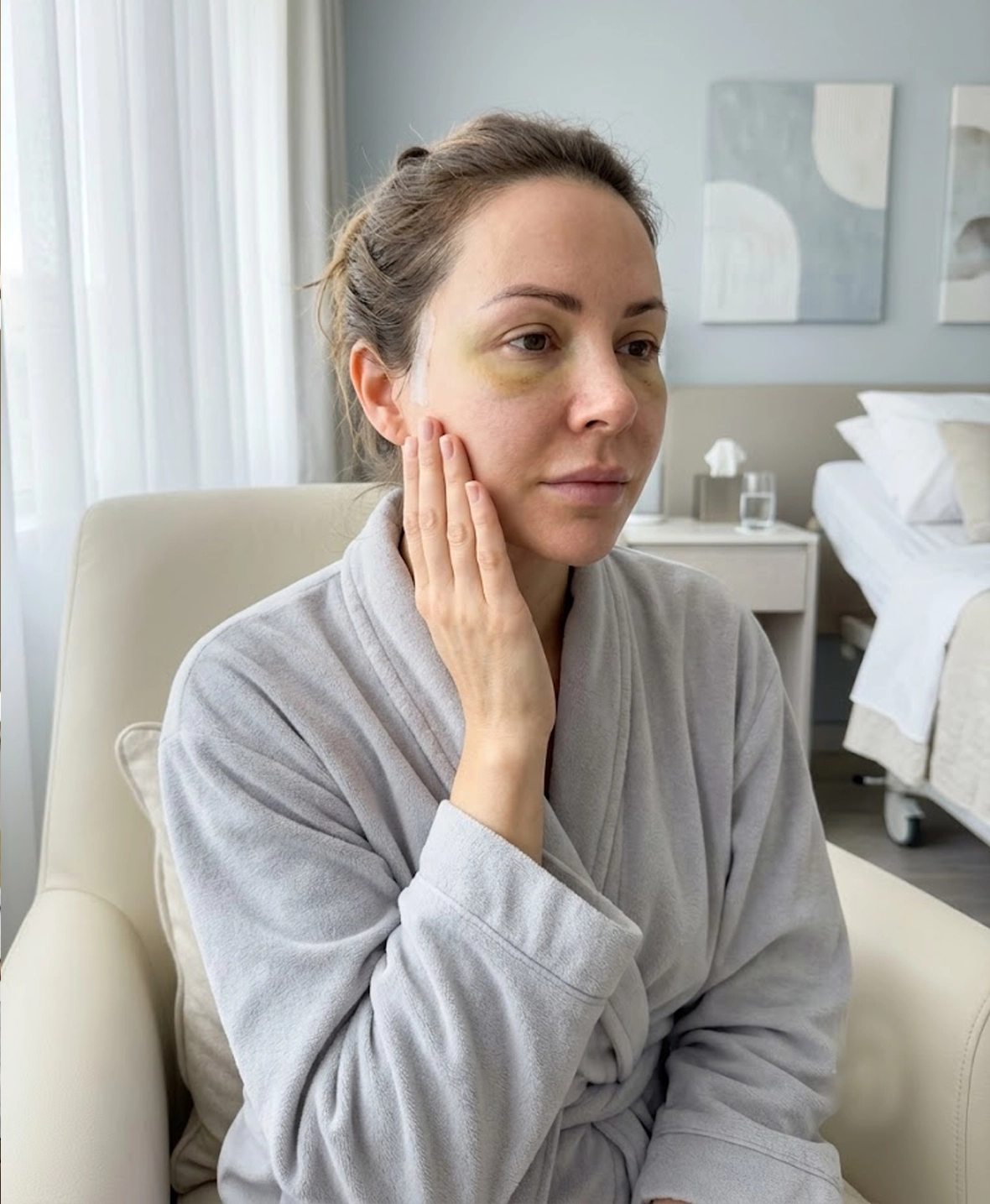 Patient recovering after cheek augmentation with silicone implants showing mild swelling