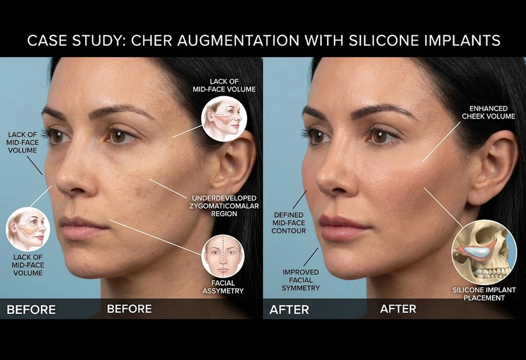 Before and after cheek augmentation with silicone implants showing improved mid-face contour