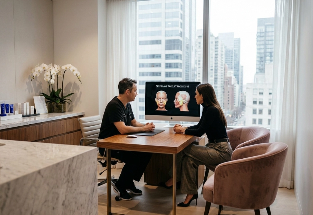 Patient consulting with a surgeon about deep plane face lift in a luxury aesthetic clinic
