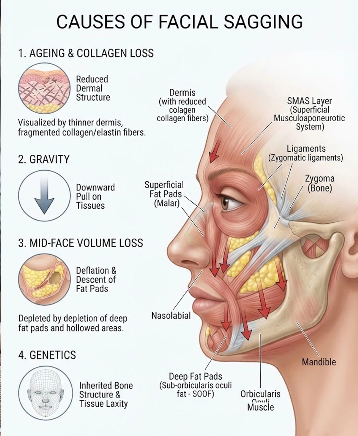 Common causes of facial sagging treated with deep plane facelift including ageing and volume loss
