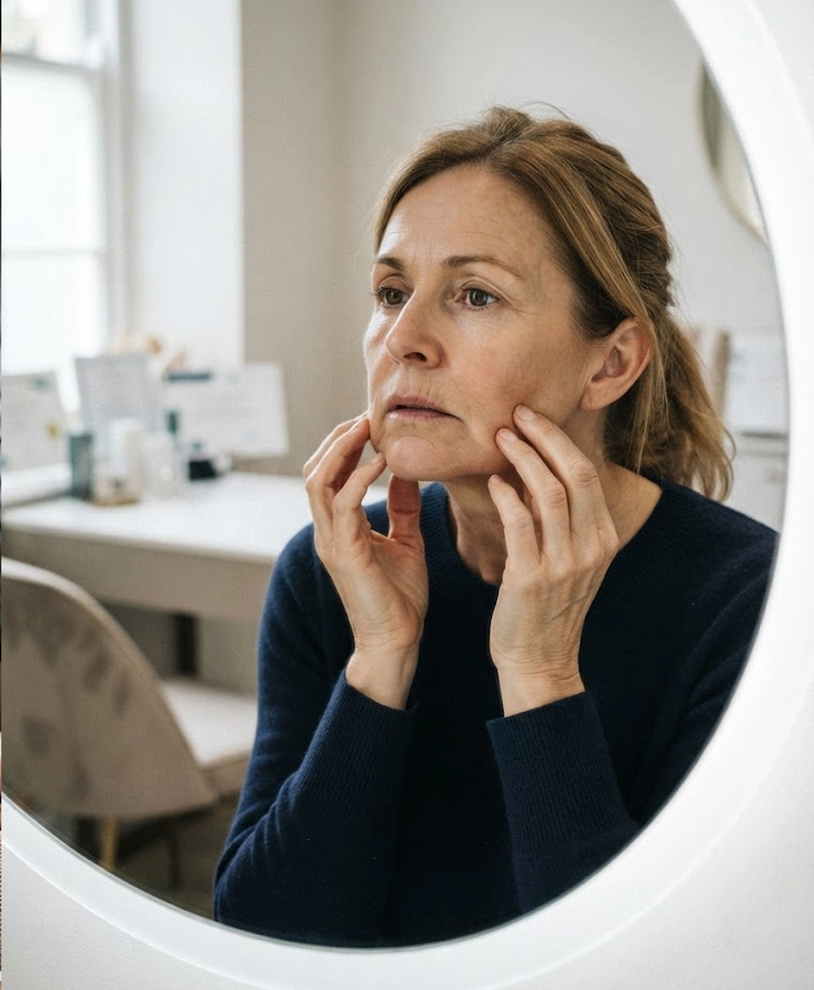 Patient examining sagging mid-face and jowls before deep plane facelift