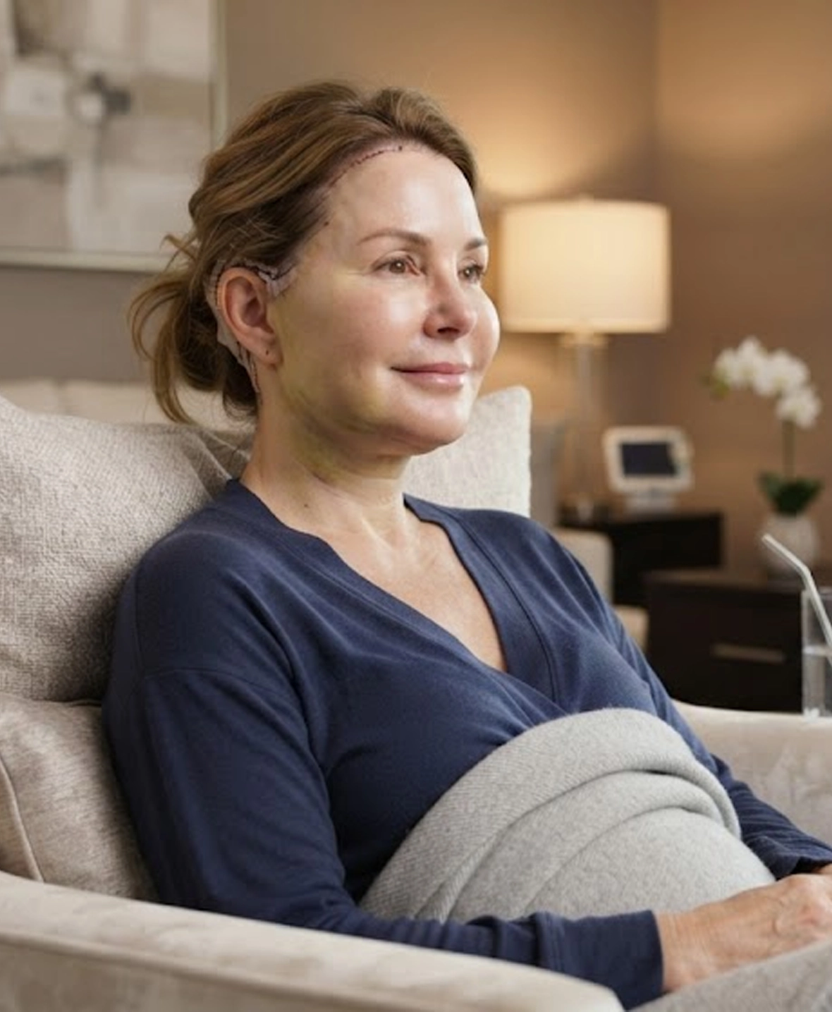 Patient recovering after deep plane facelift with mild swelling and bruising