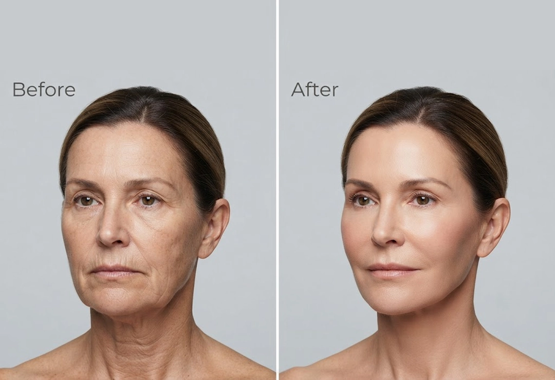 Before and after deep plane facelift showing lifted cheeks and smoother jawline