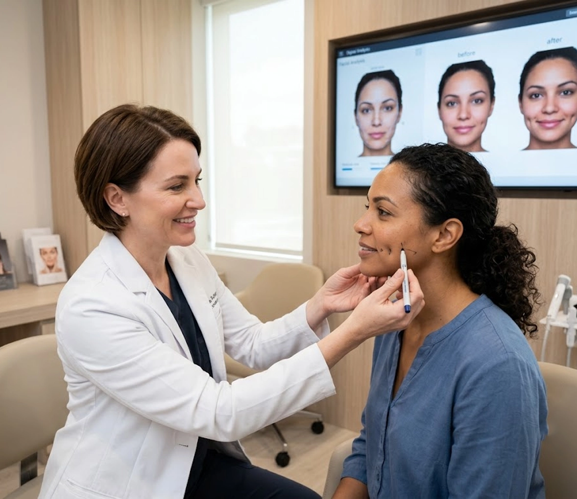 Patient consulting with a specialist about dimple creation on both cheeks in a luxury aesthetic clinic