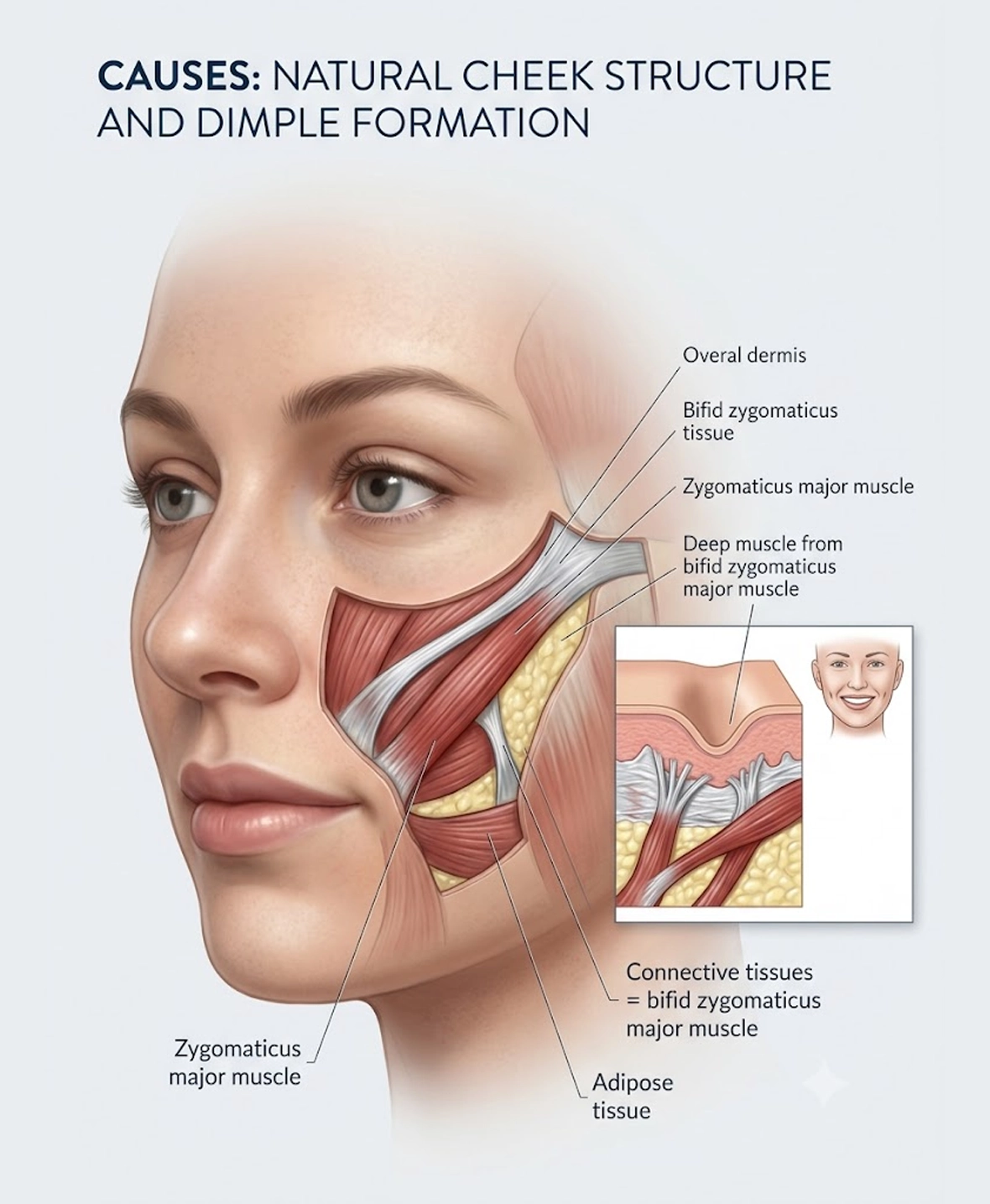 Illustration showing how dimples naturally form in the cheeks