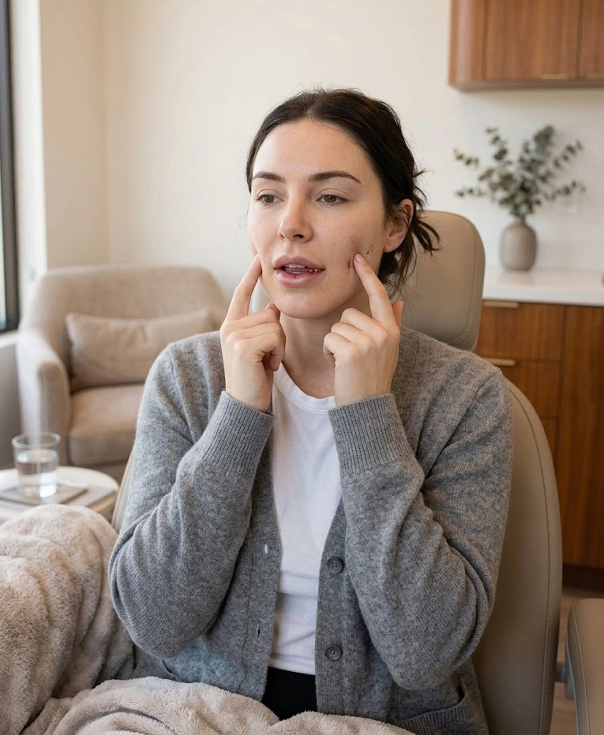 Patient recovering after dimpleplasty on both cheeks with mild swelling