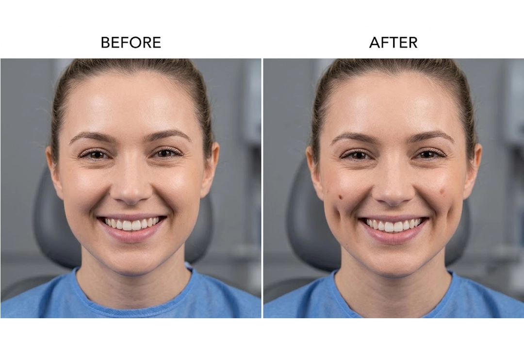 Before and after bilateral dimple creation showing natural dimples on both cheeks