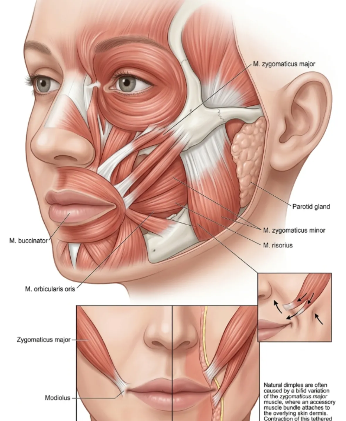 How dimples form in facial muscles and cheek structure