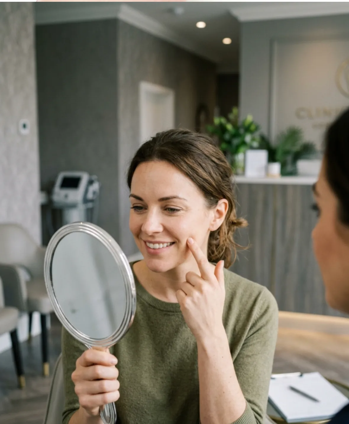 Patient examining smile and considering dimple creation surgery