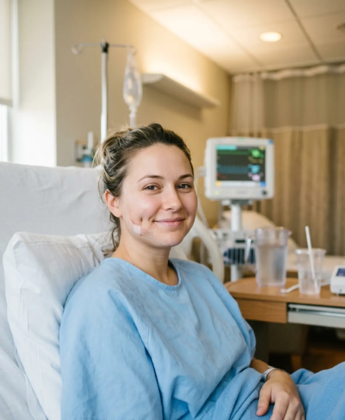 Patient recovering after dimple creation surgery with mild swelling visible