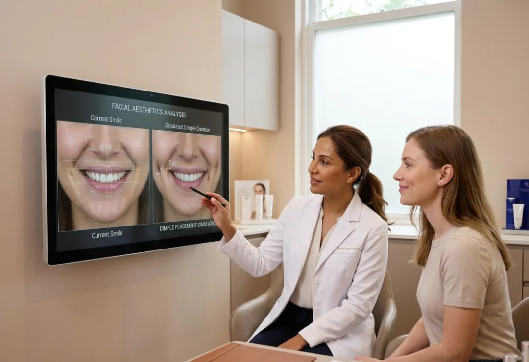 Patient consulting with a specialist about one-side dimple creation (dimpleplasty) in a luxury clinic