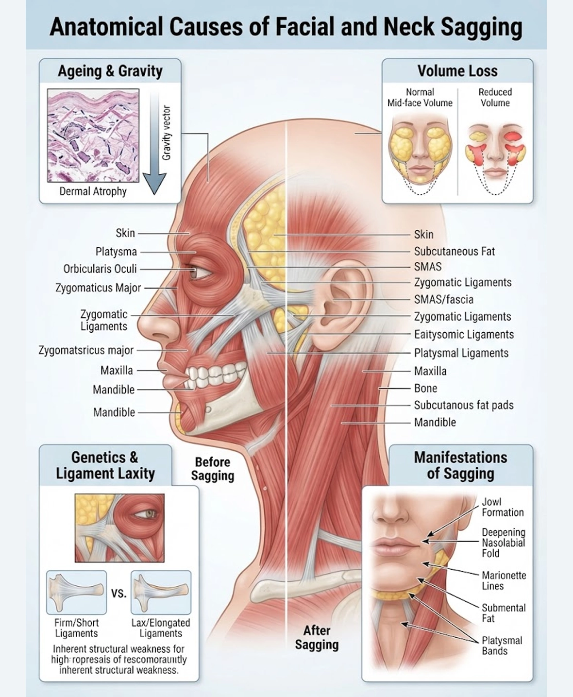 Common causes of facial and neck sagging treated with face and neck lift surgery