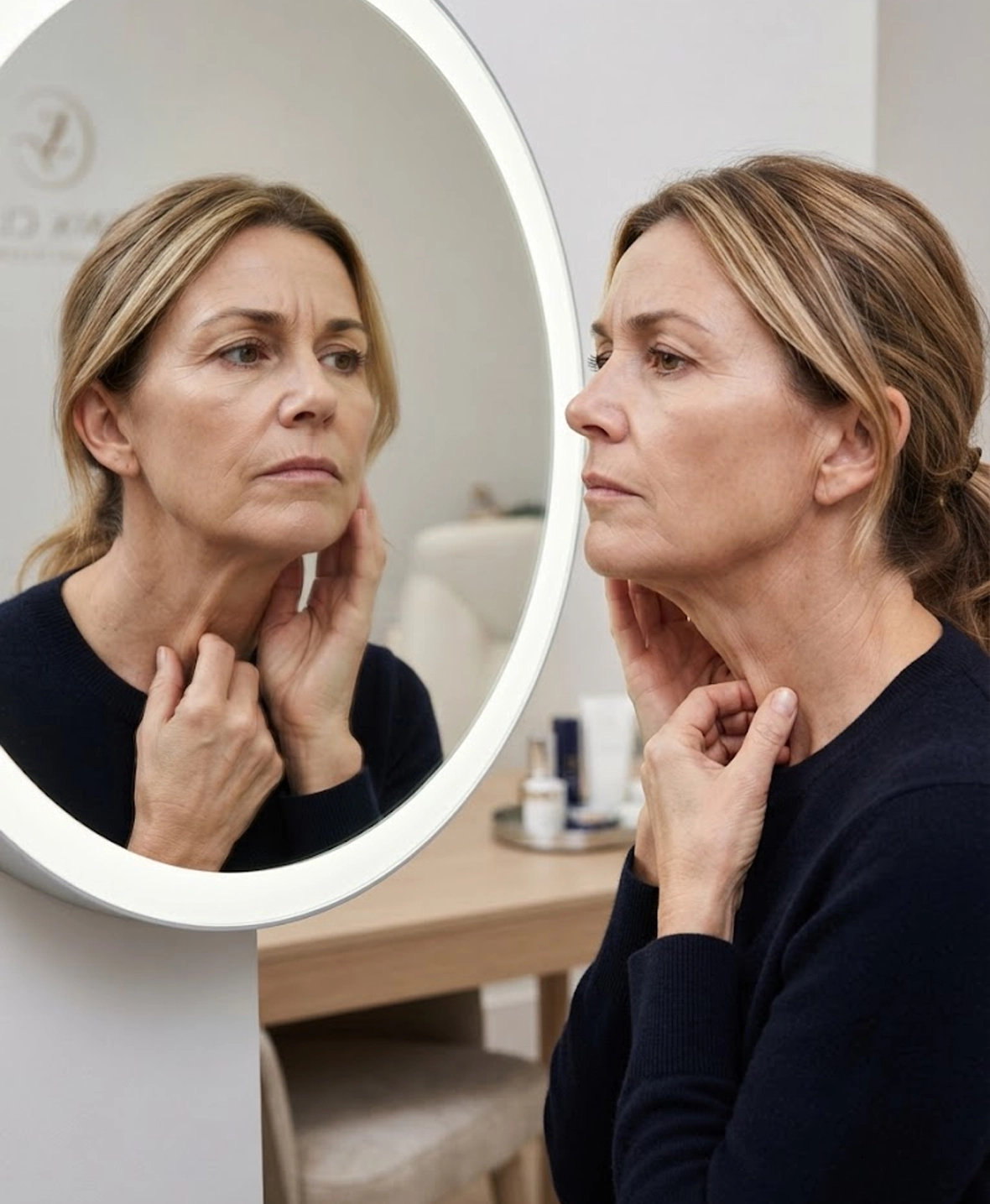 Patient examining sagging face and neck before face and neck lift