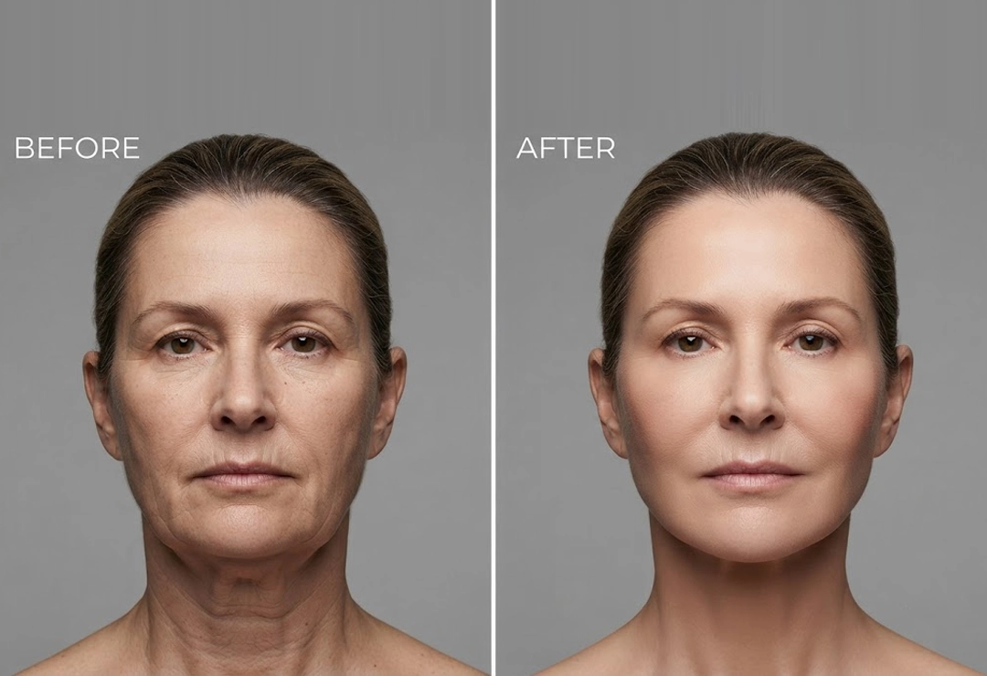 Before and after face and neck lift showing lifted cheeks and smoother jawline