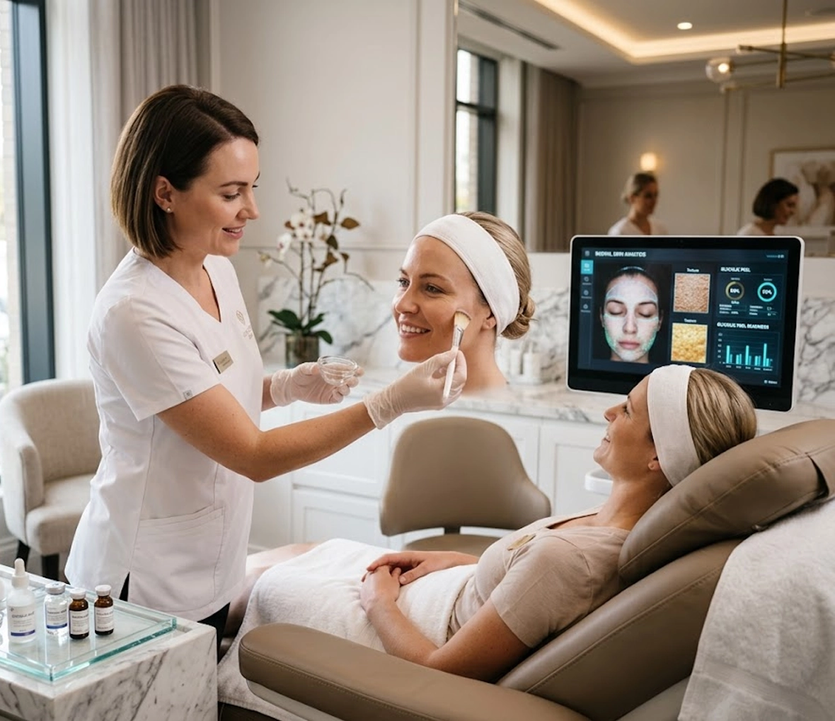 Patient consulting with a specialist about glycolic peel treatment in a luxury aesthetic clinic