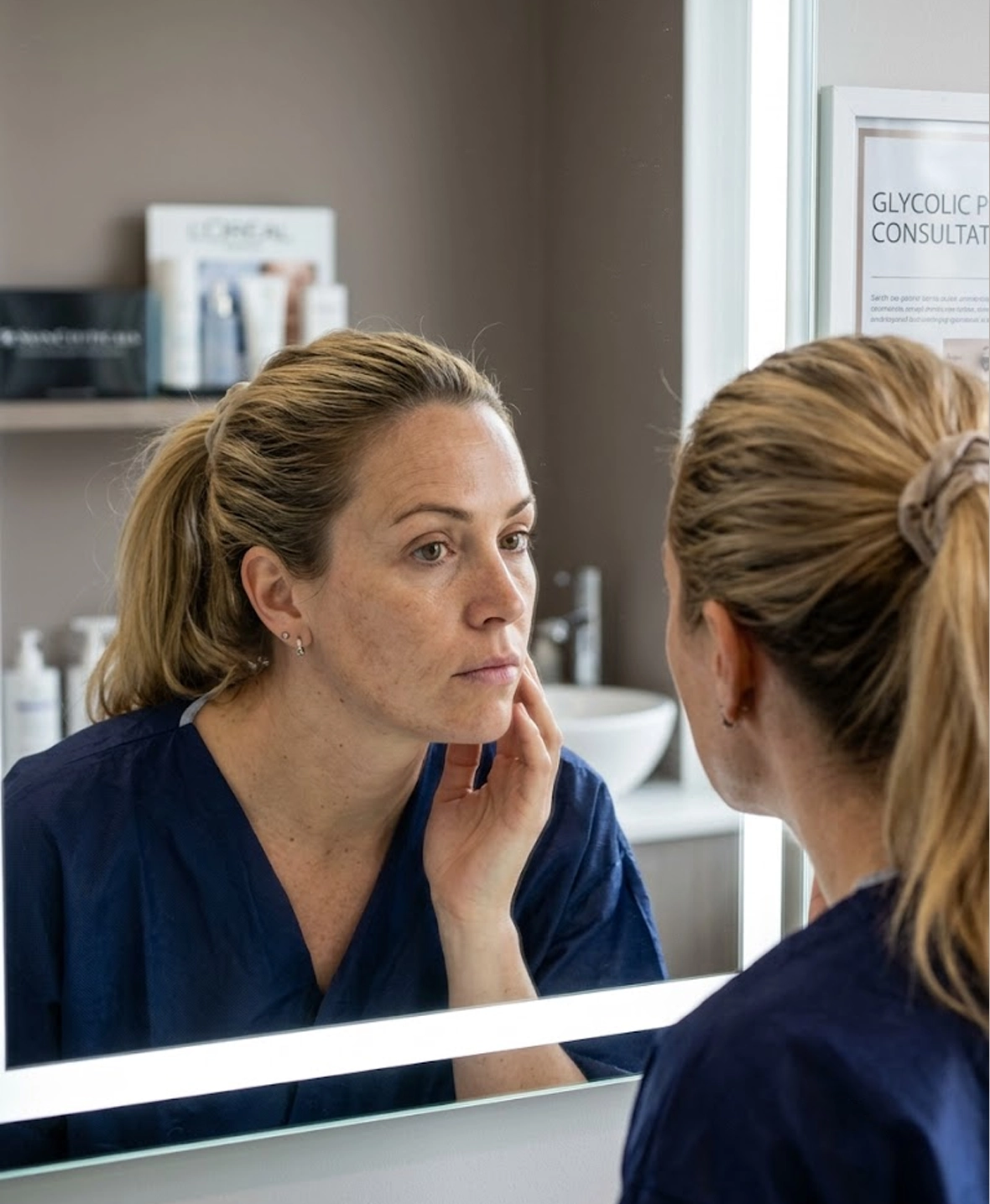 Patient examining dull or uneven skin before glycolic peel treatment