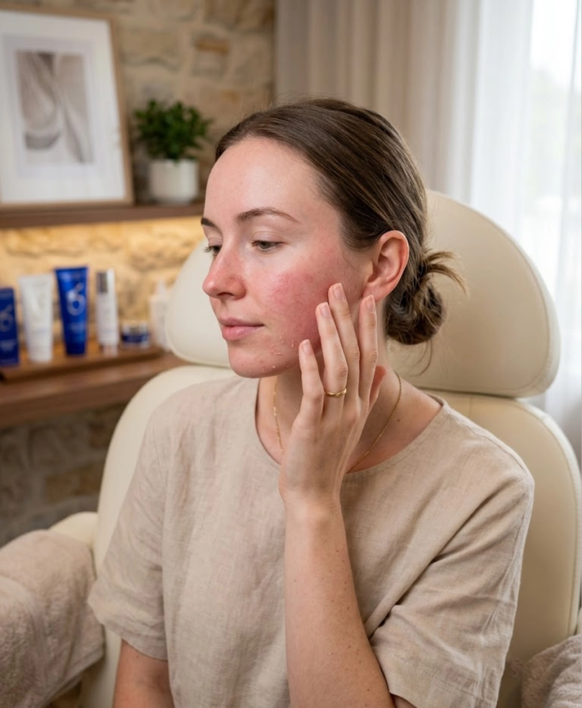 Patient after glycolic peel treatment with mild redness or flaking