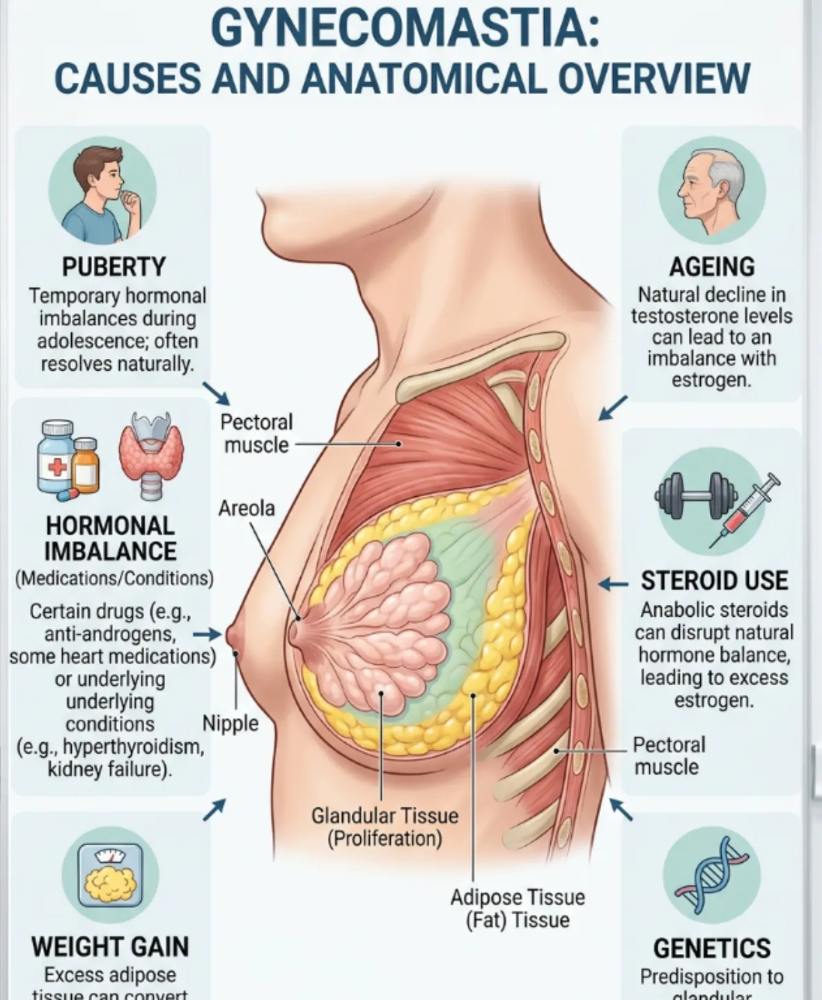 Common causes of male chest enlargement including hormones, weight gain, and genetics