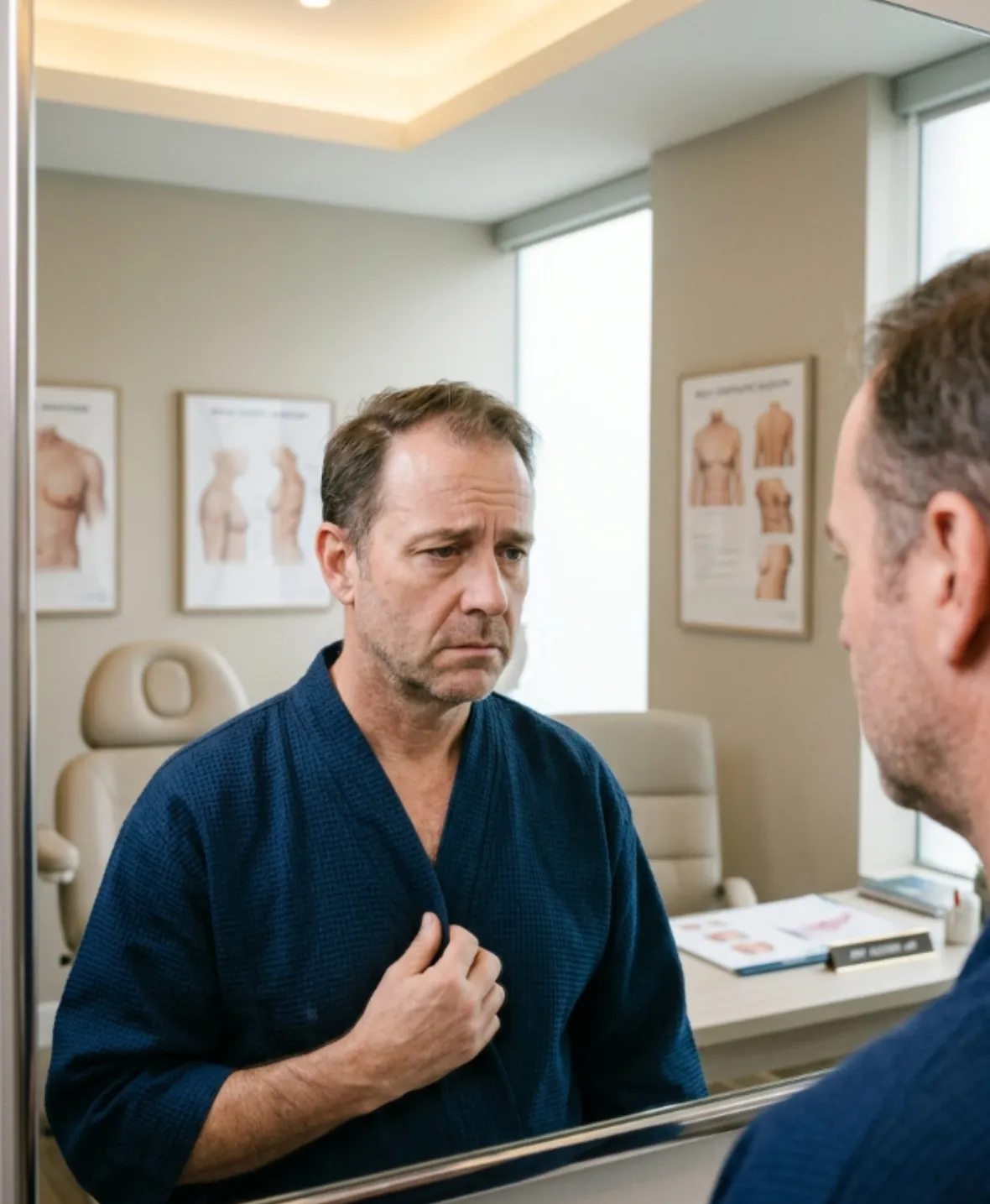 Patient examining enlarged male chest before gynaecomastia surgery