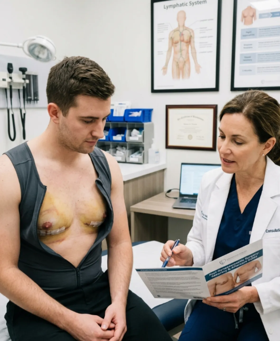 Patient recovering after gynaecomastia surgery while wearing chest compression garment