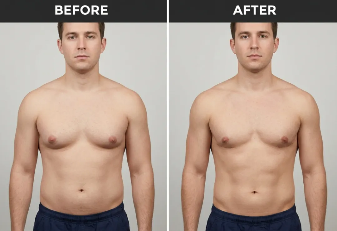 Before and after gynaecomastia surgery showing improved masculine chest contour